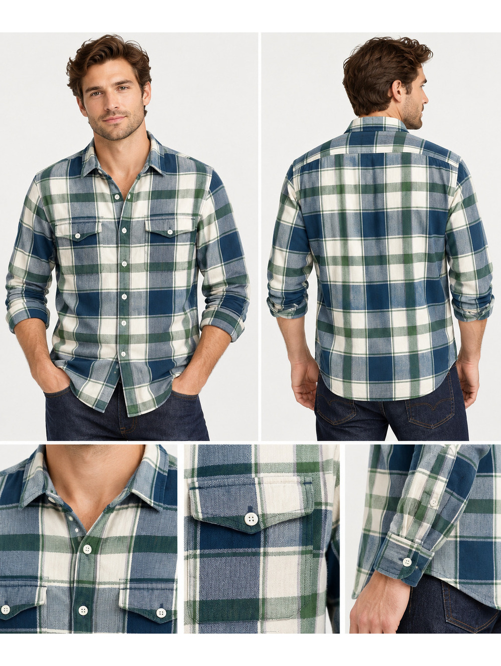 J.Crew Men's Small Plaid Flannel Shirt Blue Green 100% Cotton 2 Pocket